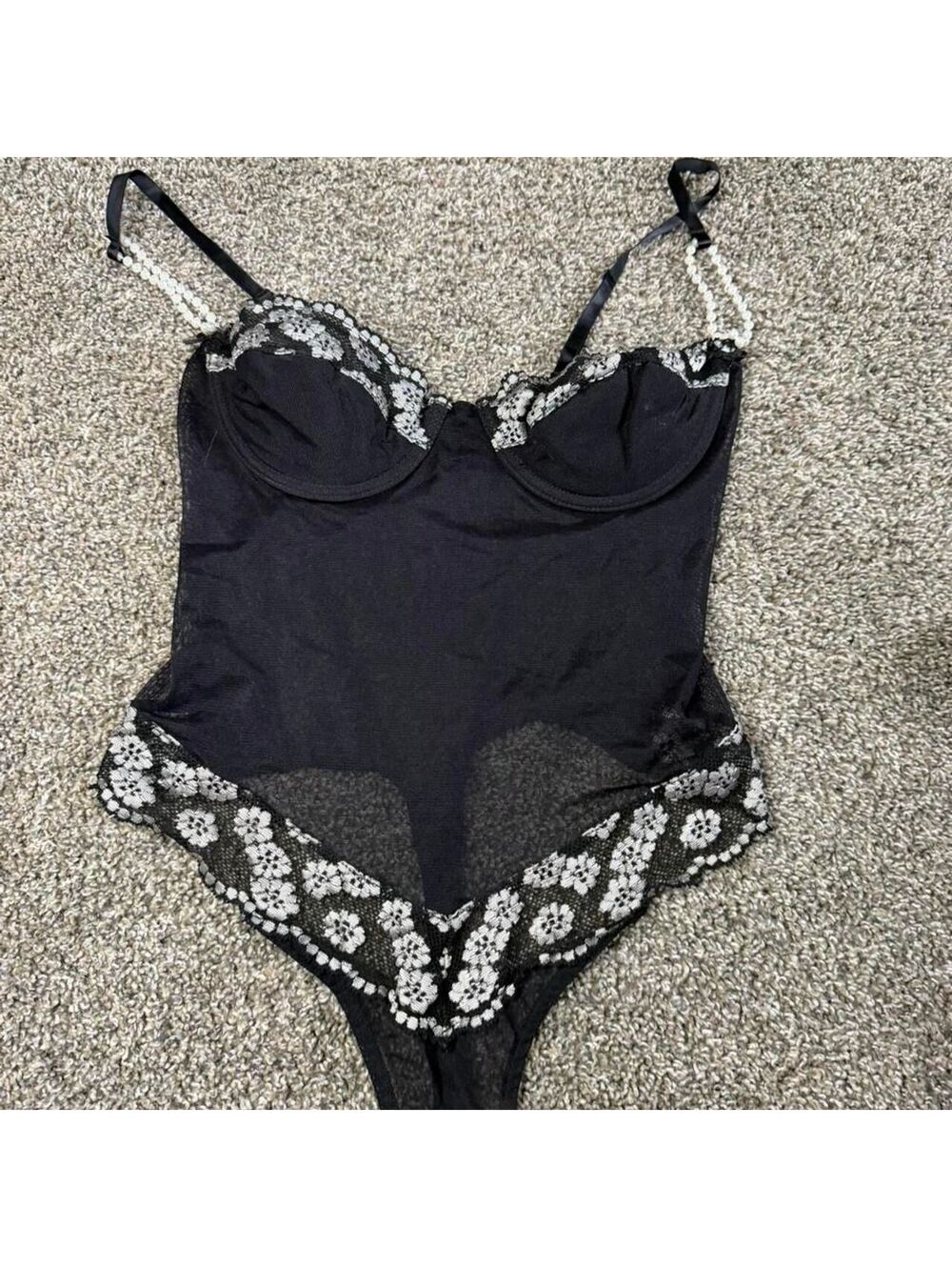 VTG Frederick's of Hollywood Lace Trim Mesh Pearl Strap Bodysuit